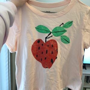 NEVER WORN Maeve strawberry print pink shirt. Raw hems